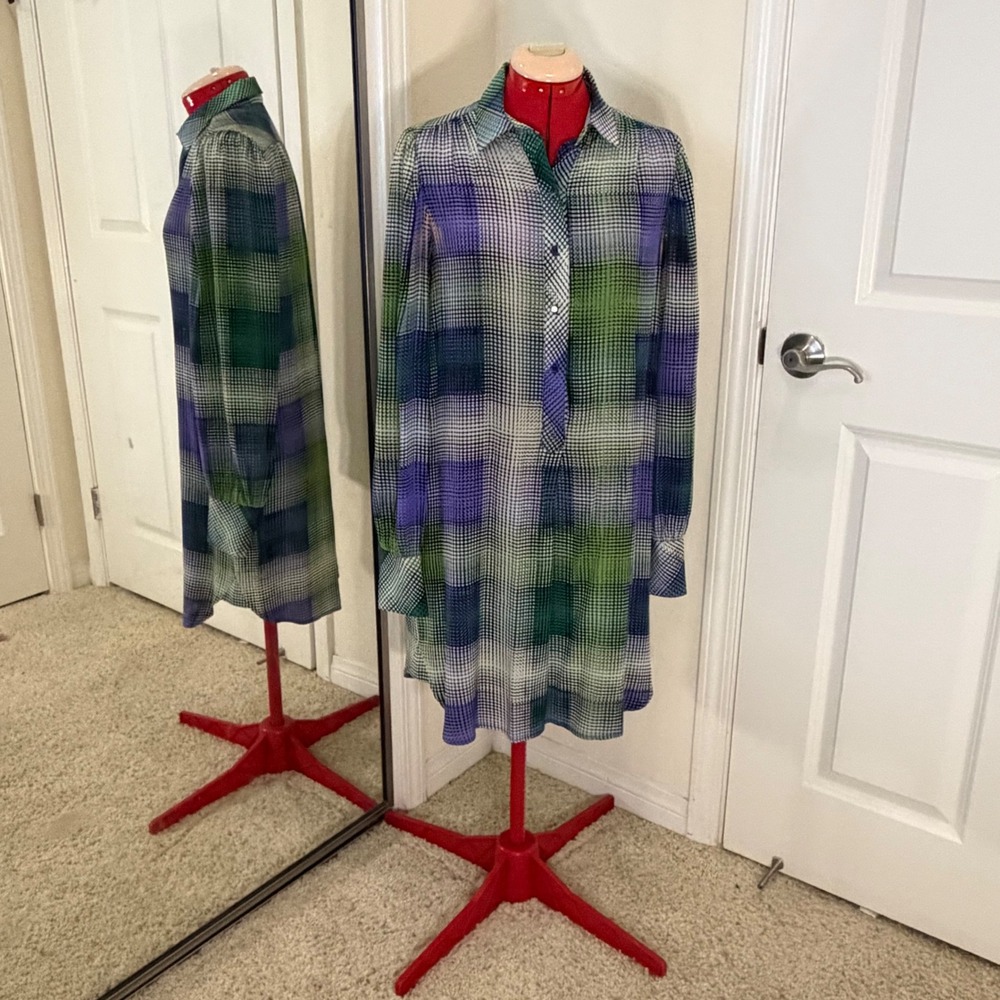 BCBGMAXAZRIA Women Green Purple Geometric Dot 100% Silk Shirt Dress Small